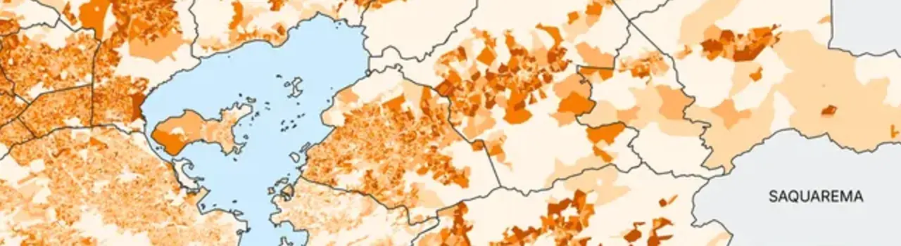 Map of climate exposure by asset in the Lakes Region of Rio de Janeiro, with the most exposed areas highlighted in orange