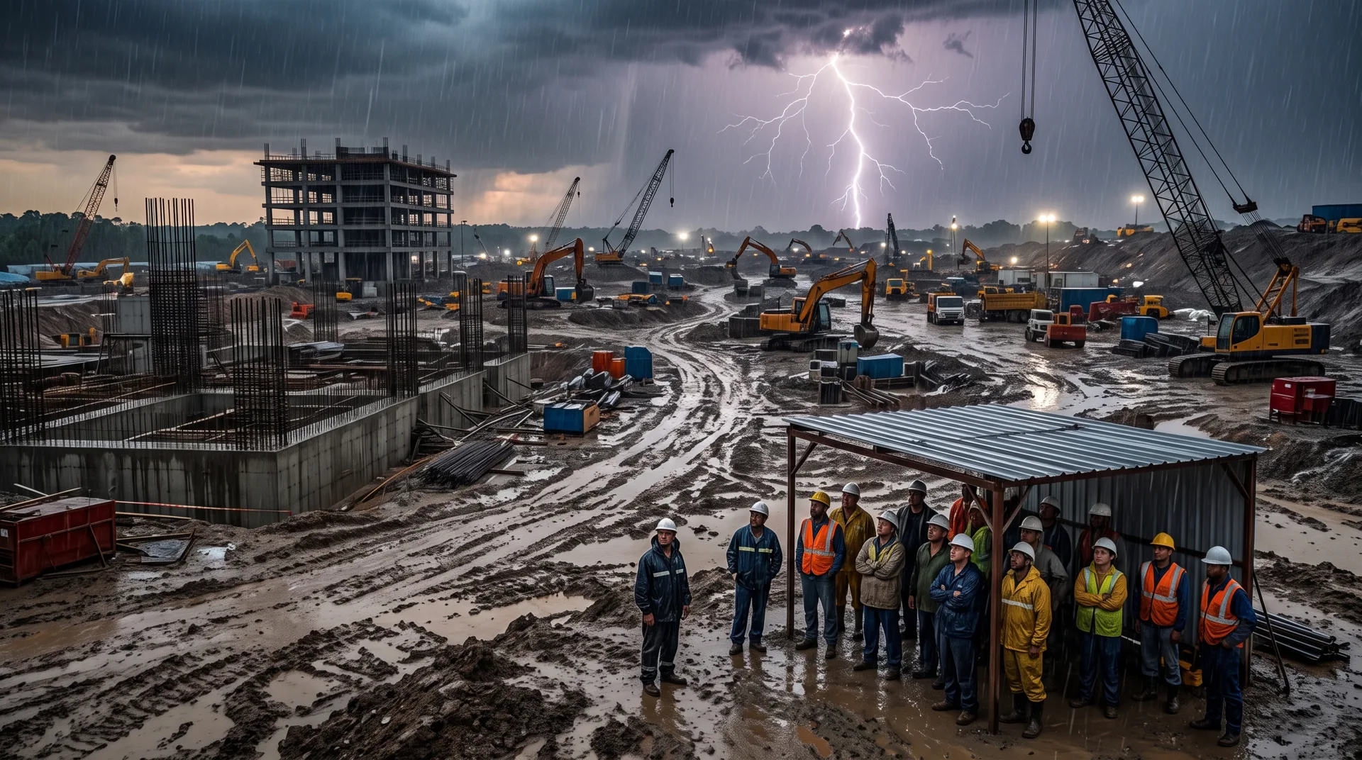 Canteiro de obras sob tempestade com guindastes