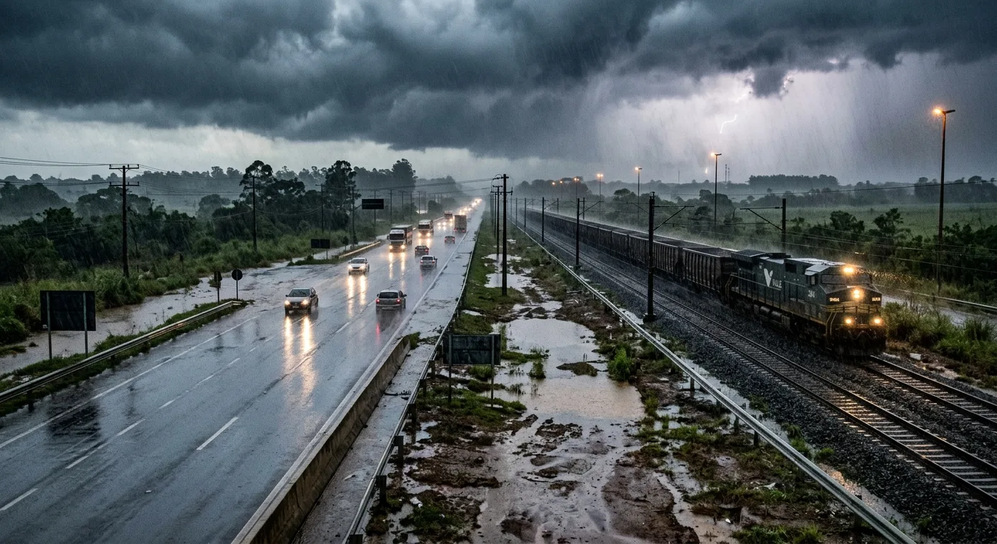 Ferrovia e rodovia alagadas sob chuva intensa