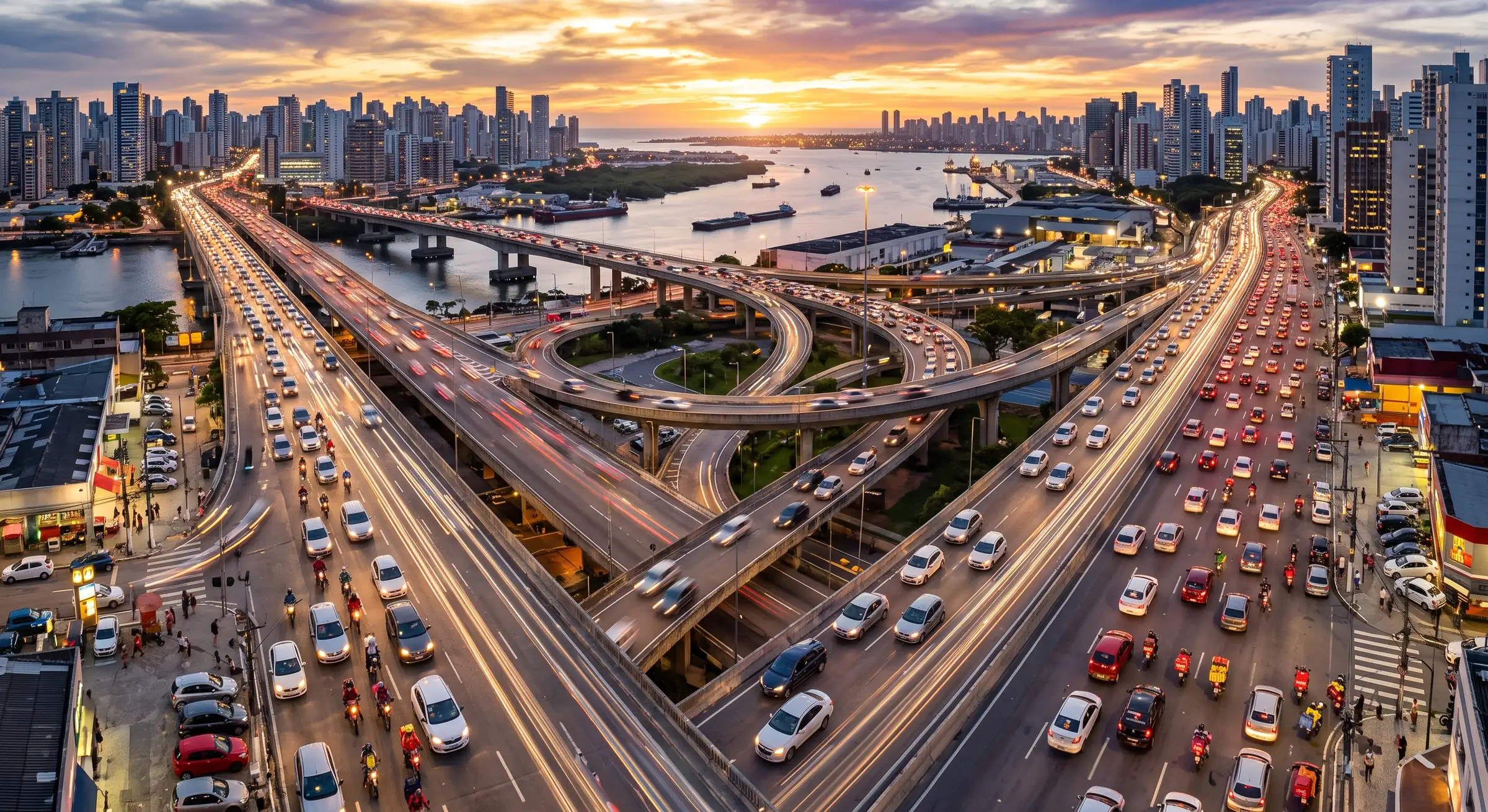 Viadutos e avenidas congestionados ao entardecer, com motos de entrega entre os carros