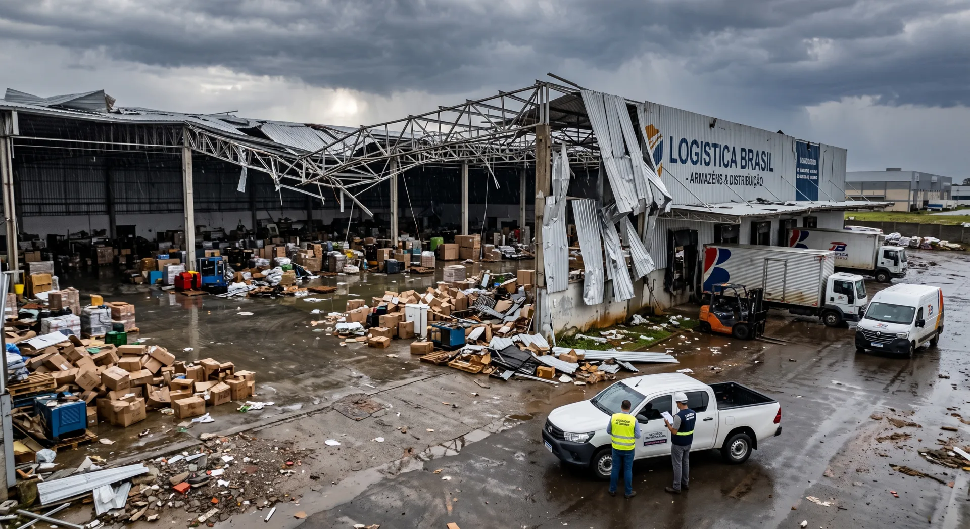 Galpão logístico destruído por tempestade severa